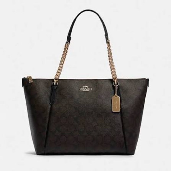 Coach Ava Brown and Black Signature Canvas Chain Full Zip Tote Bag F87776